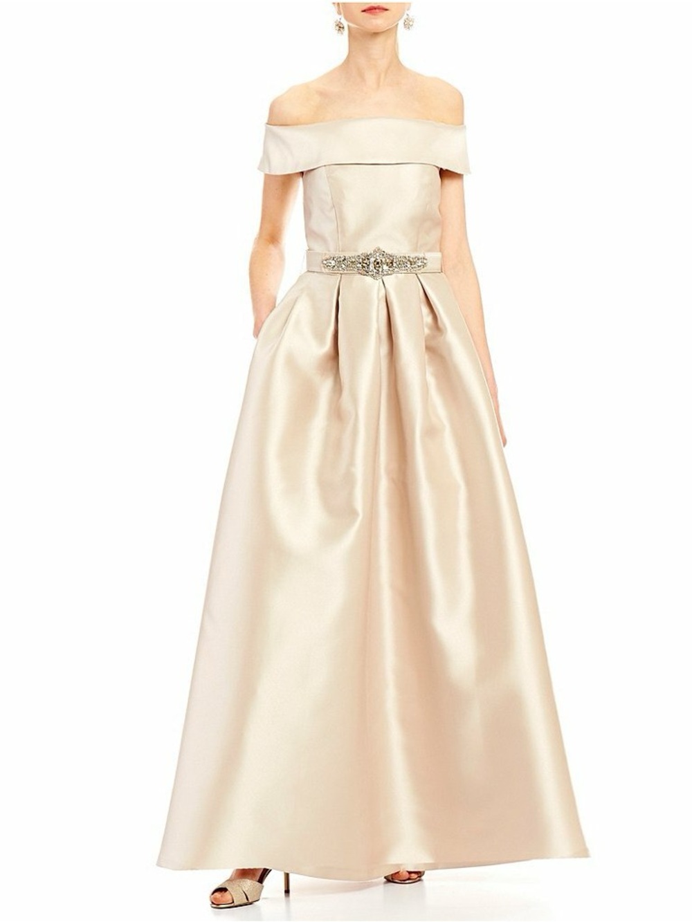 Eliza J Off-Shoulder Satin Gown in Champagne
